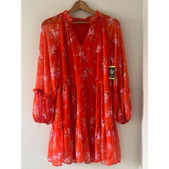 NWT Women's Vince Camuto Three Tier Orange Floral Print Flowy Boho‎ Dress Sz Med - Picture 2 of 12